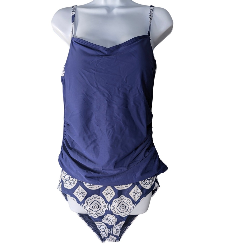 Eomenie Womens Tankini Set Navy Blue Ruched‎ Geometric Print Size Large NWT